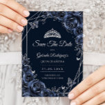 Quinceanera Navy Silver Floral Spara Datumet<br><div class="desc">Navy blue and silver Quinceanera celebration save the date card. Features,  script font,  glitter silver butterflies,  watercolor roses and tiara. Perfect for an elegant princess style glam celebration. Personalize with your own details. Printed Zazzle cards or instant download digital printable template.</div>
