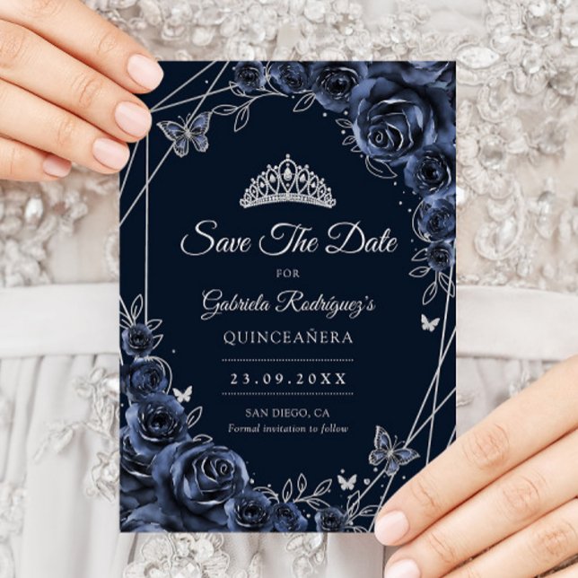 Quinceanera Navy Silver Floral Spara Datumet (Skapare uppladdad)