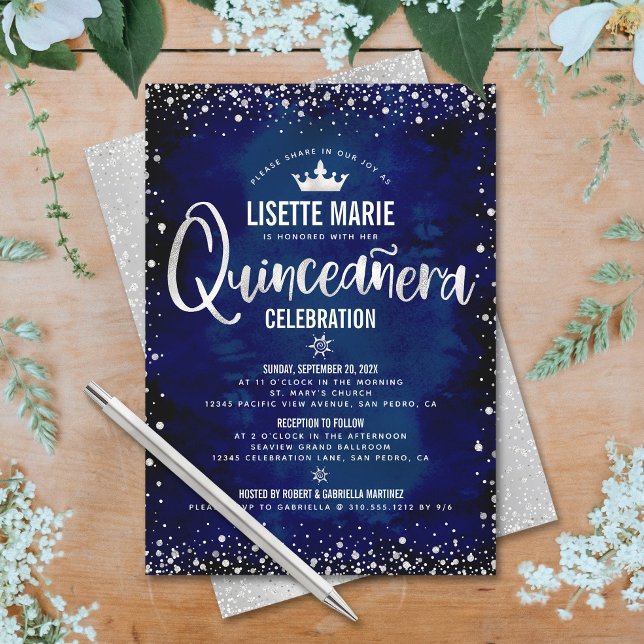 Quinceañera Navy Silver Glitter Princess Krona Inbjudningar (Skapare uppladdad)