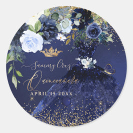 Quinceanera Navy Watercolor Dress Guld Glitter Runt Klistermärke