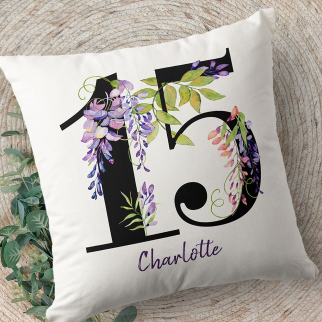 Quinceanera Number 15 Lila Wisteria Flowers Kudde (15th Birthday gift pillow from my Purple Wisteria Quinceanera Collection)