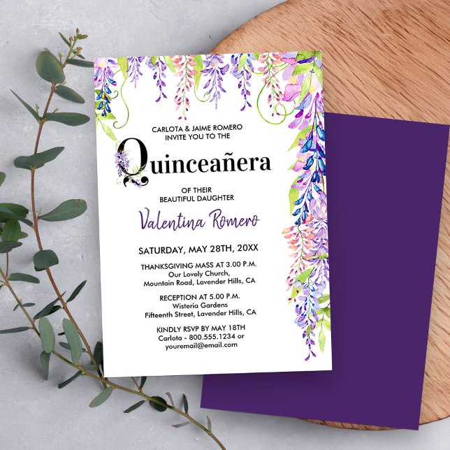 Quinceanera och Lila Blommigt Wisteria Inbjudningar (Quinceanera and Mass Invitation from my Purple Wisteria Quinceanera Collection
)