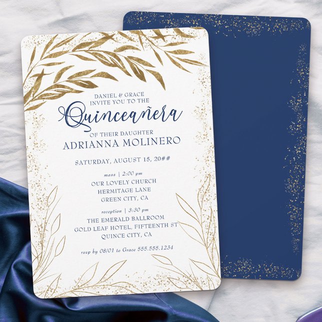 Quinceanera- och maslyxRoyalet Blue Guld Löv Inbjudningar (Elegant invitation to Quinceanera & church blessing white, blue and gold - my Gold Leaf Collection
)