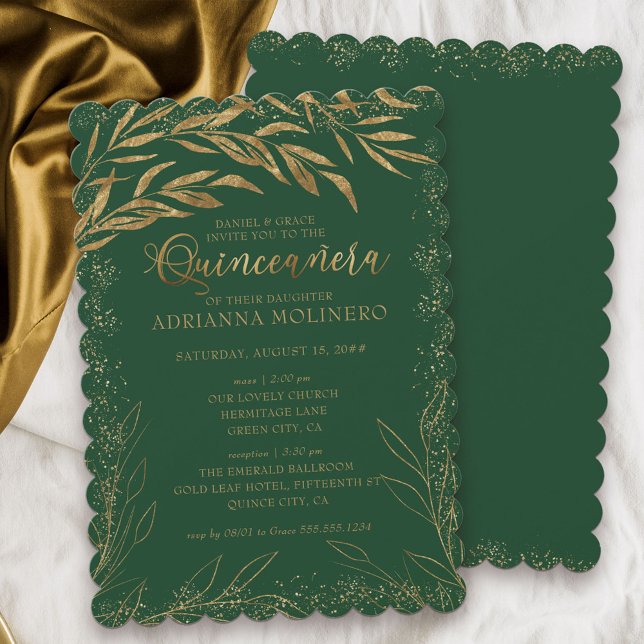 Quinceanera och Mass Emerald Grönt och Guld Löv Inbjudningar (Elegant Quinceanera & religious ceremony invitation in emerald green from my Gold Leaf Collection)