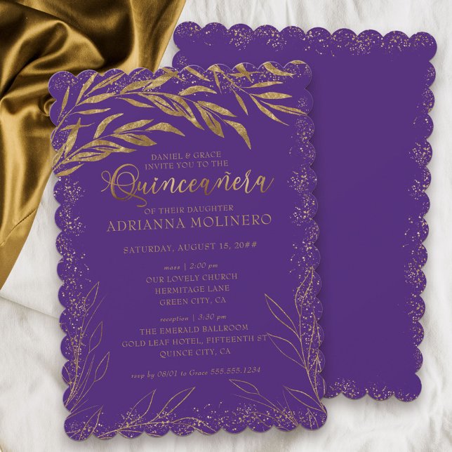 Quinceanera och Mass Luxury Lila och Guld Löv Inbjudningar (Elegant invitation to Quinceanera and church ceremony in purple from my Gold Leaf Collection
)