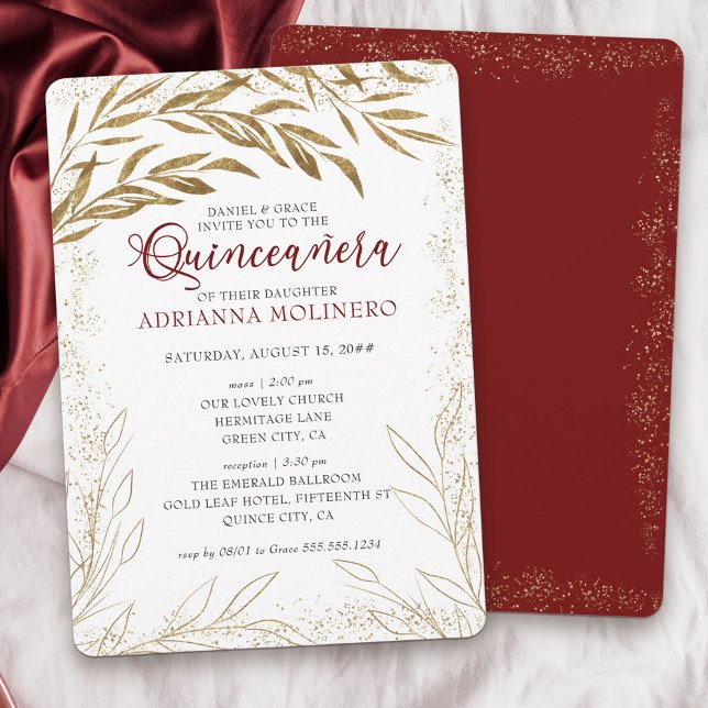 Quinceanera och Mass Luxury Red och Guld Löv Inbjudningar (Elegant invitation to Quinceanera & church blessing white, red and gold from my Gold Leaf Collection)