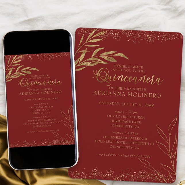 Quinceanera och Mass Red och Guld Löv Inbjudningar (Elegant invitation to Quinceanera and church ceremony in red and gold from my Gold Leaf Collection)