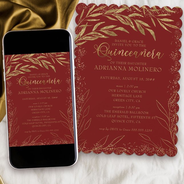 Quinceanera och Mass Red och Guld Löv Inbjudningar (Elegant invitation to Quinceanera and church ceremony in red and gold from my Gold Leaf Collection)