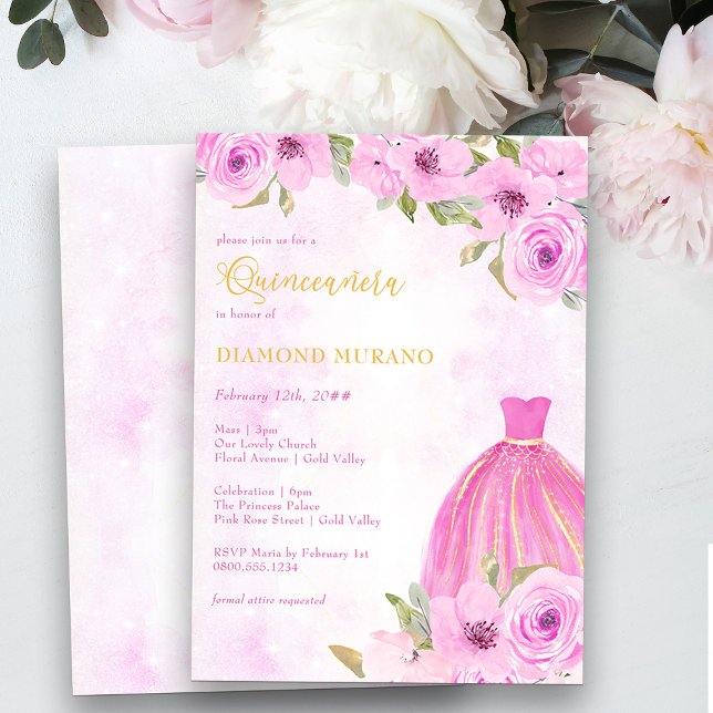 Quinceanera och Mass Rosa och Guld Blommigt Prince Inbjudningar (Quinceanera Mass and Reception Invitation from my Galaxy Floral Princess Quinceanera collection)