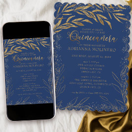 Quinceanera och Massan-Royalet Blue och Guld Löv Inbjudningar