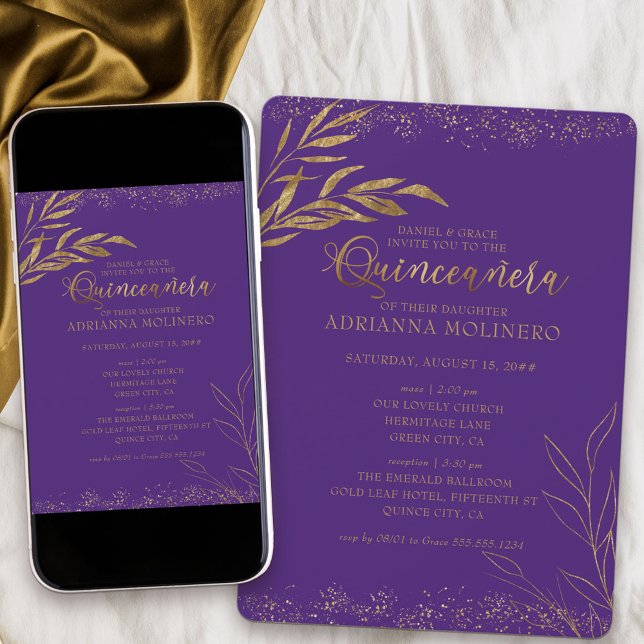 Quinceanera och Massans Elegant Lila och Guld Löv Inbjudningar (Elegant invitation to Quinceanera and church ceremony in purple from my Gold Leaf Collection)