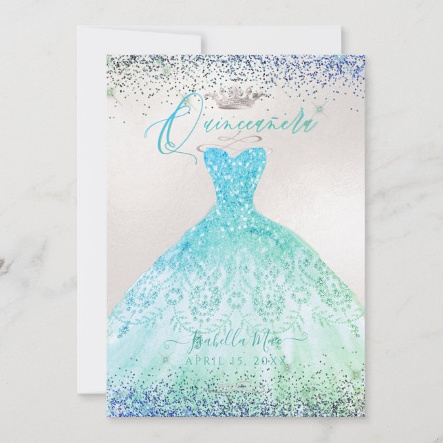 Quinceanera Ombre Aqua Grönt Glitter Gown Inbjudningar (Framsida)