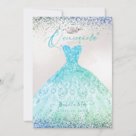 Quinceanera Ombre Aqua Grönt Glitter Gown Inbjudningar
