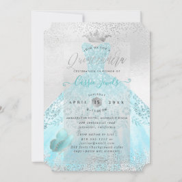 Quinceanera Ombre Blue Butterflies Princess Gown Inbjudningar