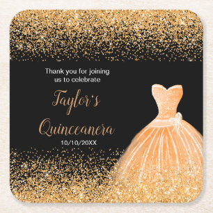 Quinceanera Orange Faux Glitter Underlägg Papper Kvadrat