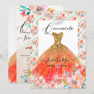 Quinceanera Orange Gnistrande Klänning Vattenfärg Inbjudningar