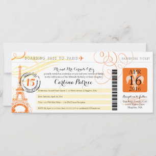 Quinceanera Orange & Gult Paris Boarding Pass Inbjudningar