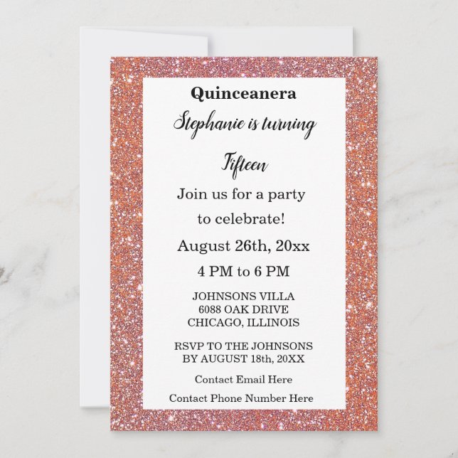 Quinceanera Orange Rosa Glitter 15:e födelsedag Cu Inbjudningar (Framsida)