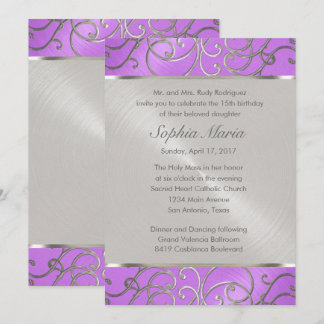 Quinceanera Orchid Lila Silver Filigree Swirls Inbjudningar