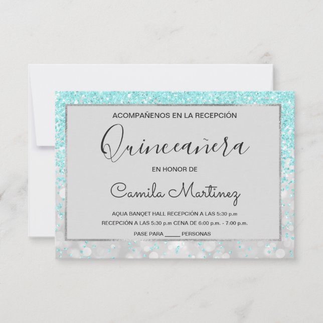 Quinceanera OSA Teal Blue Girly Glitter Gnistra Inbjudningar (Framsida)