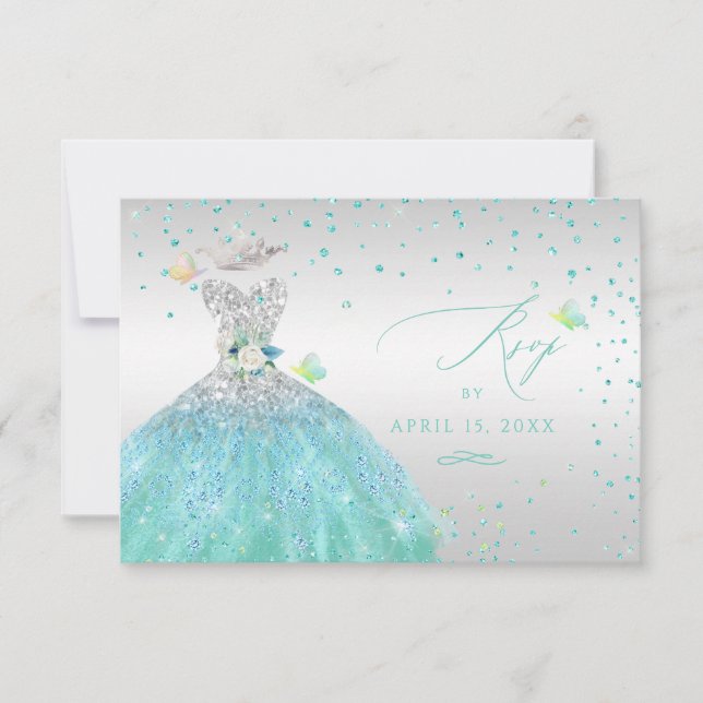 Quinceanera OSA Turcos Silver Glitter Gown Inv Inbjudningar (Framsida)