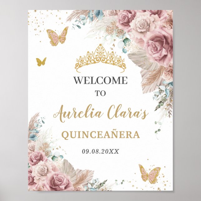 Quinceañera Pampas Grass  Blommigt Butterflies Poster (Framsidan)
