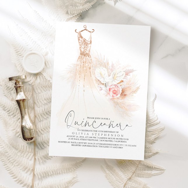 Quinceañera Pampas Grass Guld Dress 15:e födelseda Inbjudningar (Skapare uppladdad)