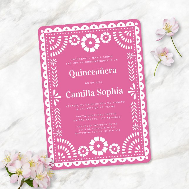 Quinceañera Papel Picado Elegant Bright Rosa Inbjudningar (Skapare uppladdad)