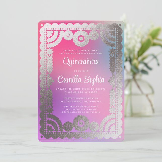 Quinceañera Papel Picado Roligt Gradient Rosa Silv Inbjudningar (Stående Fram)