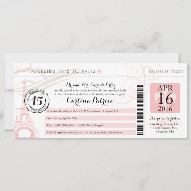 Quinceanera | Paris Boarding Pass Inbjudningar (Framsida)