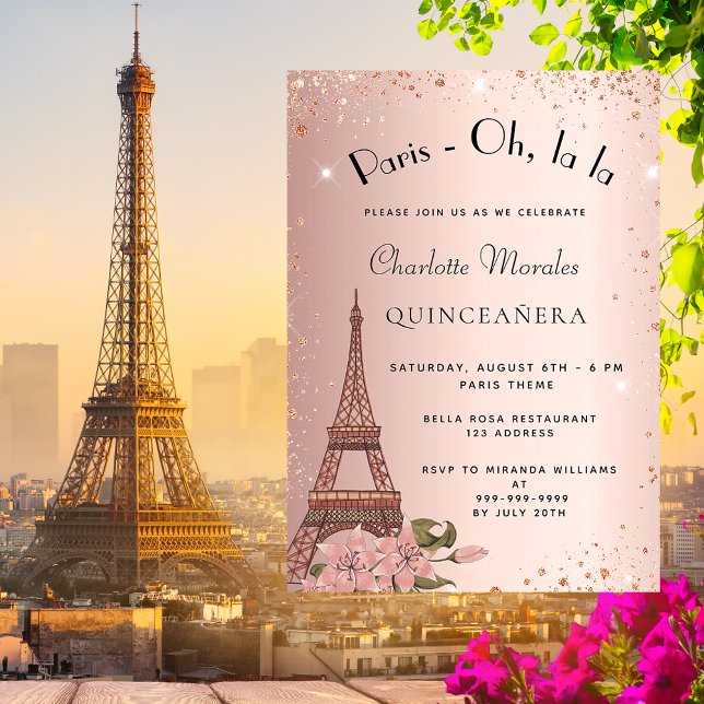 Quinceanera Paris Eiffel torn ro guld glitter Inbjudan Vykort (Skapare uppladdad)