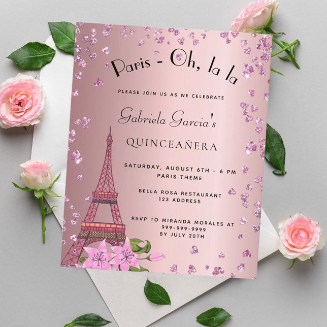 Quinceanera Paris inbjudan till budget för  rosa Flygblad (Skapare uppladdad)
