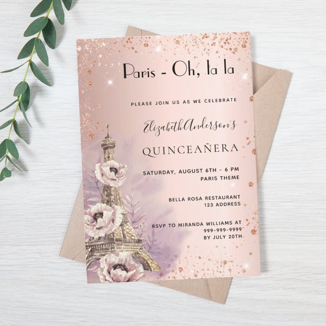 Quinceanera Paris ro guld Eiffel torn Inbjudningar (Skapare uppladdad)