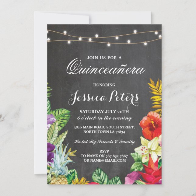 Quinceanera Party Aloha Tropical Ljus Inbjudan 15 (Framsida)