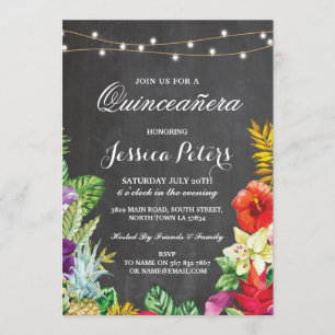 Quinceanera Party Aloha Tropical Ljus Inbjudan 15