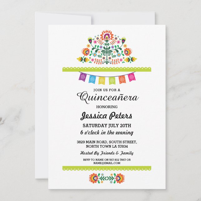 Quinceanera Party Blommigt Fiesta Mexikansk födels Inbjudningar (Framsida)