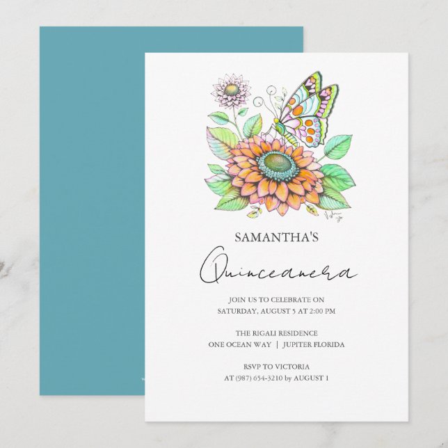 Quinceanera Party Butterfly Theme Inbjudningar (Fram/baksida)