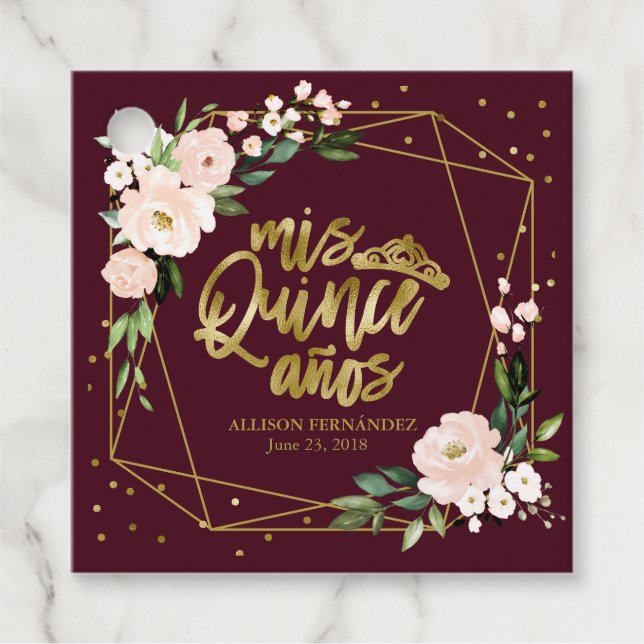 Quinceanera Party Gold Foil  Burgundy Blommigt Gåvor Etiketter (Framsida)