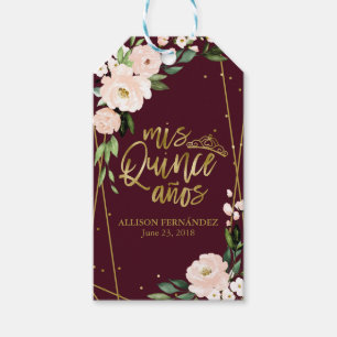 Quinceanera Party Gold Foil  Burgundy Blommigt Presentetikett