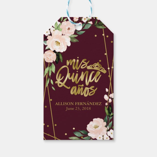 Quinceanera Party Gold Foil  Burgundy Blommigt Presentetikett (Framsidan)