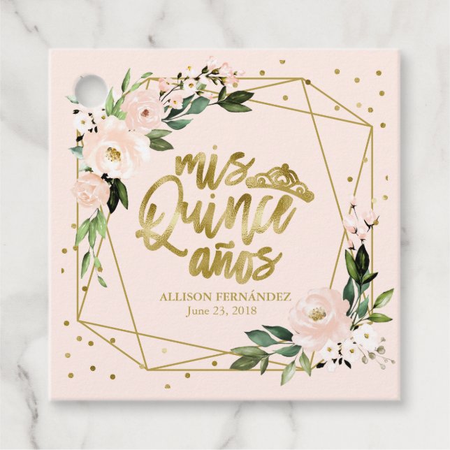 Quinceanera Party Gold Foil  Rosa Blommigt Gåvor Etiketter (Framsida)