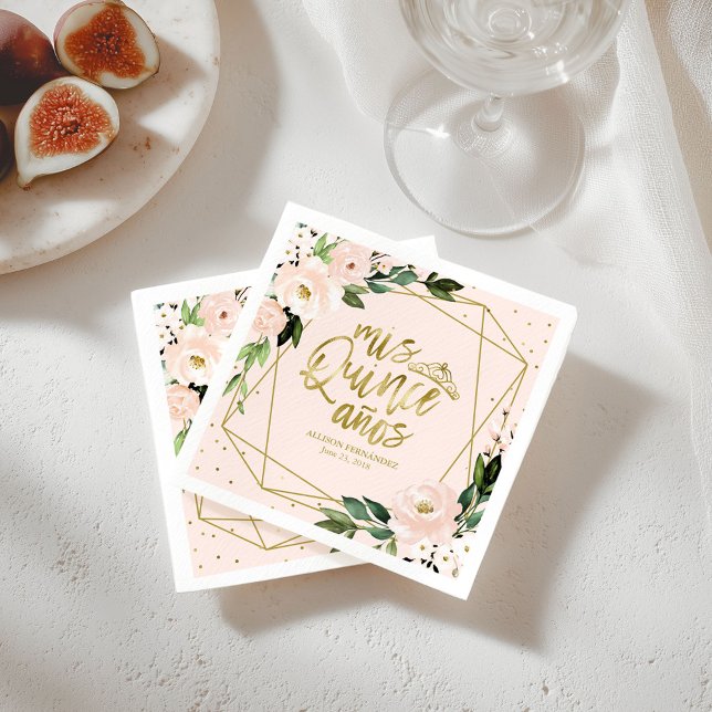 Quinceanera Party Gold Foil  Rosa Blommigt Pappersservett (Skapare uppladdad)