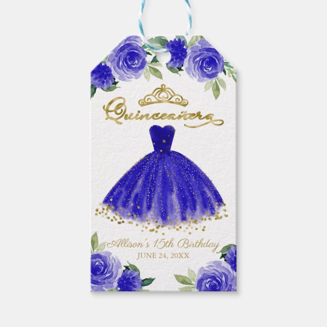 Quinceanera Party Gown Royal Blue Blommigt Presentetikett (Framsidan)