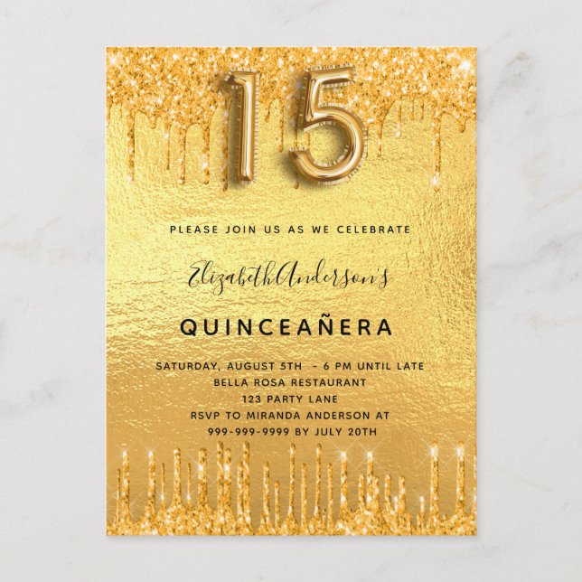 Quinceanera party guld droppar inbjudan vykort (Framsida)
