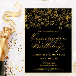 Quinceanera Party Guld Ro Blommigt Black Inbjudningar