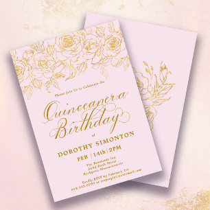 Quinceanera Party Guld Ro Blommigt Rosa Inbjudningar