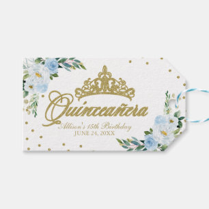 Quinceanera Party Guld Tiara Baby blue Blommigt Presentetikett