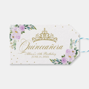Quinceanera Party Guld Tiara Lila Lilac Blommigt Presentetikett