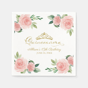 Quinceanera Party Guld Tiara  Rosa Blommigt Pappersservett
