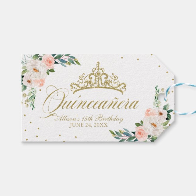 Quinceanera Party Guld Tiara  Rosa Blommigt Presentetikett (Framsidan (Horisontell))